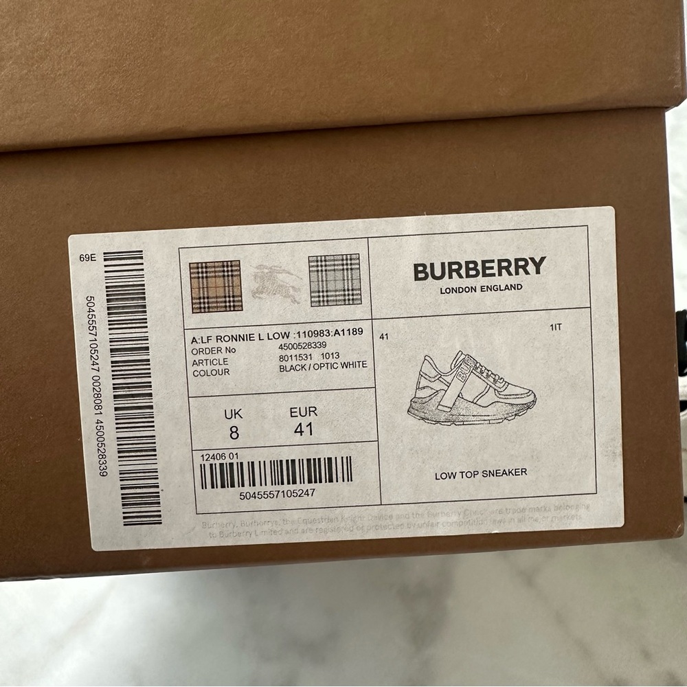 Burberry Ronnie Two Tone Black Optic White Leather Sneakers EU 41 - Picture 14 of 15